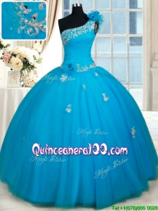 Exquisite One Shoulder Zipper Up Quinceanera Dress with Beading and Handmade Flowers