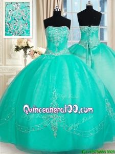 Fashionable Strapless Applique and Beaded Organza Quinceanera Dress in Turquoise