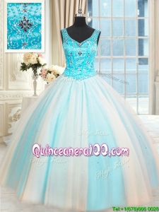 Best Selling V Neck Beaded White and Blue Quinceanera Dress in Tulle