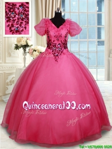 Unique V Neck Short Sleeves Beaded Organza Quinceanera Dress in Coral Red