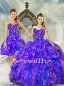 Luxurious Beading and Ruffles Quince Dresses in Purple and Blue for 2015 Spring