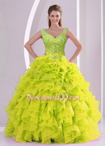 Trendy Beading and Ruffles Yellow Green Quince Dresses for 2015