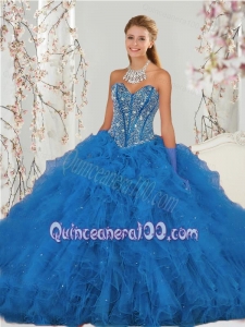 2015 Unique Beading and Ruffles Aqua Blue Quince Dresses
