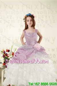 Cheap White and Lavender Little Girl Dress with Appliques and Ruffled Layers