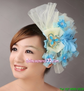 Blue Feather and Light Yellow Net Flower With Beading For Bridal