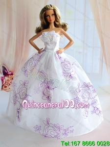 Embroidery Decorate White Taffeta Ball Gown Barbie Doll