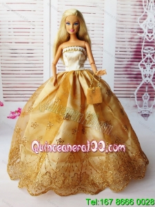 Lovely Ball Gown Handmade Gold Appliques Barbie Doll Dress