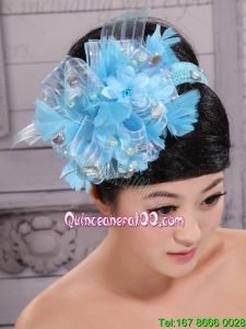 Classical Sky Blue Headpices With Rhionstones and Feather Decorate On Tulle For Party
