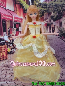 Cute Yellow Scoop Hand Made Flowers Barbie Doll Dress