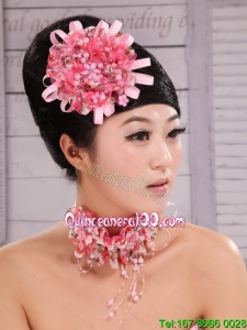 Pink Satin Ribbon and Net Flower With Pearls For Party