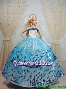 Popular Ball Gown Party Clothes White and Blue Barbie Doll Dress