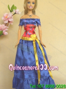 Elegant Blue Off The Shoulder Appliques Handmade Party Clothes Fashion Dress For Noble Barbie