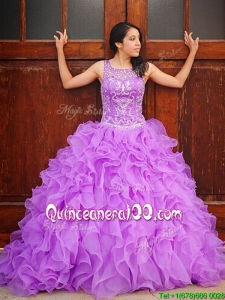 Exclusive Beaded and Ruffled Brush Train Quinceanera Dress with See Through Scoop
