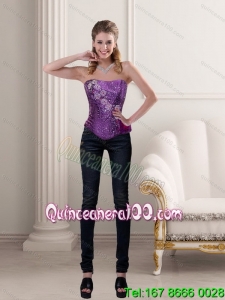 New Style Purple Strapless Corset with Beading and Ruffles