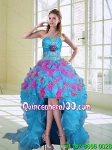 2015 High Low Strapless Ruffled Dama Dresses with Hand Made Flower