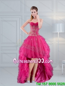 High Low Sweetheart Hot Pink 2015 Dama Dress with Embroidery and Beading