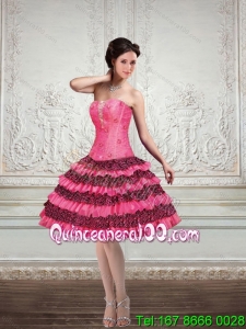 2015 Ball Gown Printed Strapless Ruffled Dama Dresses in Hot Pink and Black