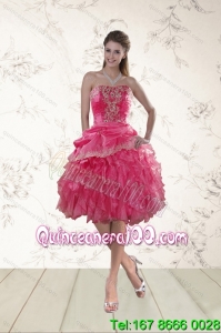 2015 Coral Red Strapless Dama Dresses with Beading and Ruffles