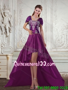 Dark Purple High Low Strapless Embroidery Cheap Dama Dresses for 2015 Spring