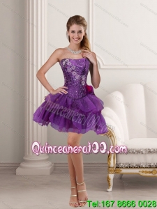 Cheap Purple Strapless 2015 Dama Dresses with Beading and Ruffles