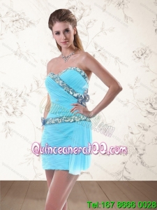 2015 Cheap Light Blue Dama Dresses with Flower and Appliques