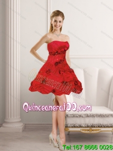 2015 Cheap Red Strapless Dama Dresses with Beading and Hand Made Flower