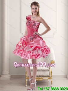 Cheap One Shoulder Rose Pink 2015 Dama Dresses with Pick Ups and Ruffles
