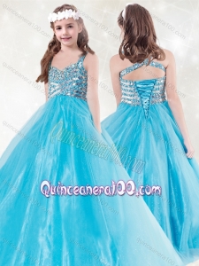 Elegant Straps Beading Little Girl Pageant Dress in Aqua Blue