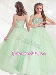 Affordable Halter Top Beaded Little Girl Pageant Dress in Apple Green