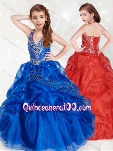 Exquisite Halter Top Blue Little Girl Pageant Dress with Beading and Pick Ups