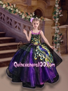 Modest Straps Peacock Applique Little Girl Pageant Dress in Purple