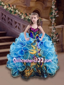 Affordable Straps Blue Mini Quinceanera Dress with Beading and Ruffles