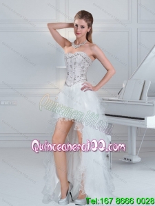 2015 Ball Gown Sweetheart White Prom Dresses with Ruffles and Beading
