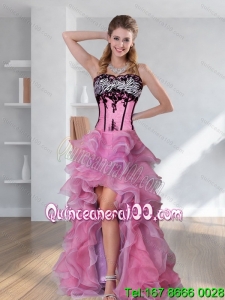 2015 Zebra Printed Strapless High Low Rose Pink Prom Dresses with Embroidery