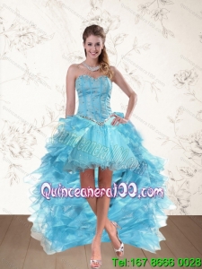 Baby Blue Sweetheart High Low Prom Dresses with Ruffles and Beading