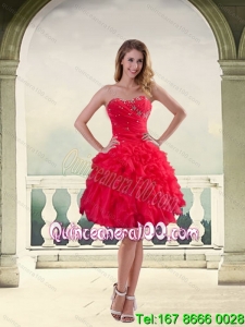 Ball Gown Strapless Red 2015 Prom Dresses with Ruffles and Beading