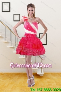 2015 One Shoulder Prom Gown with Ruffled Layers and Hand Made Flower