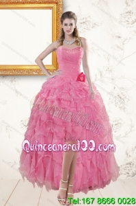 2015 Rose Pink Sweetheart Prom Dresses with Beading and Ruffles