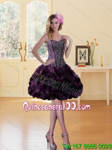 Burgundy Sweetheart Prom Dress with Ruffled Layers and Beading