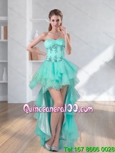 High Low Turquoise Sweetheart Prom Dresses with Embroidery