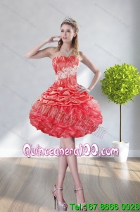 2015 Fashionable Strapless Watermelon Red Prom Dresses With Appliques and Ruffles
