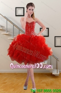 2015 Pretty Sweetheart Ruffled Red Prom Gown with Beading