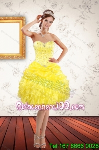 Beautiful Sweetheart Yellow Prom Dresses with Beadimg and Ruffles for 2015 Spring