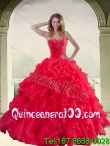 Elegant Red Strapless Quinceanera Dress with Ruffles and Beading