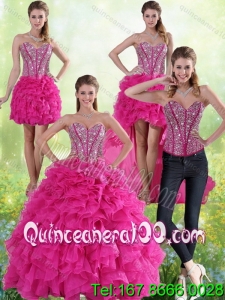 Hot Pink Sweetheart Quinceanera Gown with Beading and Ruffles
