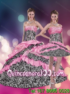 2015 Pink Beaded Zebra Printed 16 Birthaday Party Dresses with Ruffles and Pick Ups