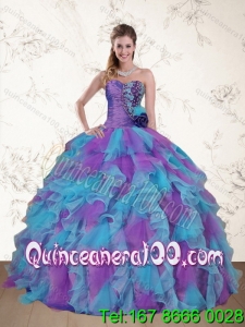 2015 Cute Strapless Beading and Ruffles Multi Color Sweet 15 Dress