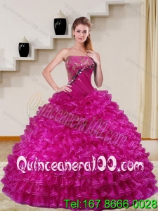 2015 Sophisticated Fuchsia Quince Dress with Beading and Ruffled Layers