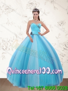 Popular Light Blue Sweetheart Quinceanera Dresses with Ruching and Appliques for 2015
