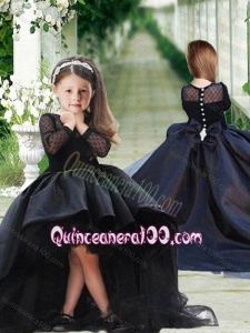 Romantic See Through Long Sleeves Little Girl Dress in Black